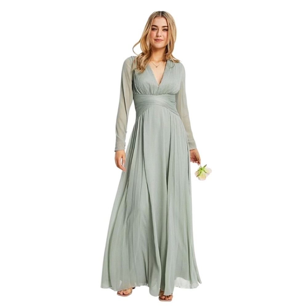 ASOS Sage V-Neck Bishop Sleeve Chiffon Maxi Dress